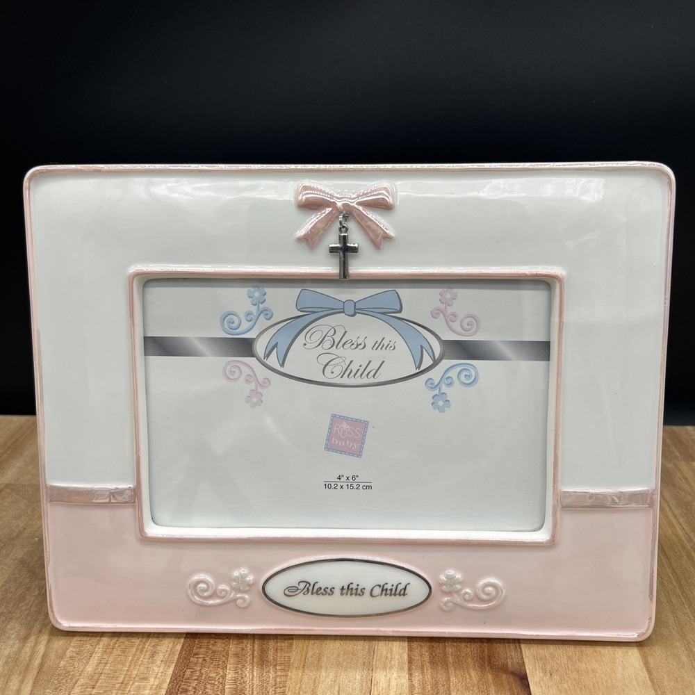 Russ Berrie  Blessings Baby's Baptism Girl Pink Ceramic  4x6 Frame Cross